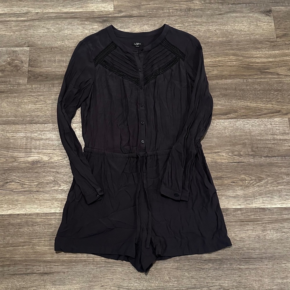 LOFT Ann Taylor Black Lace Trim Romper S Long Sleeve Button Elastic Drawstring